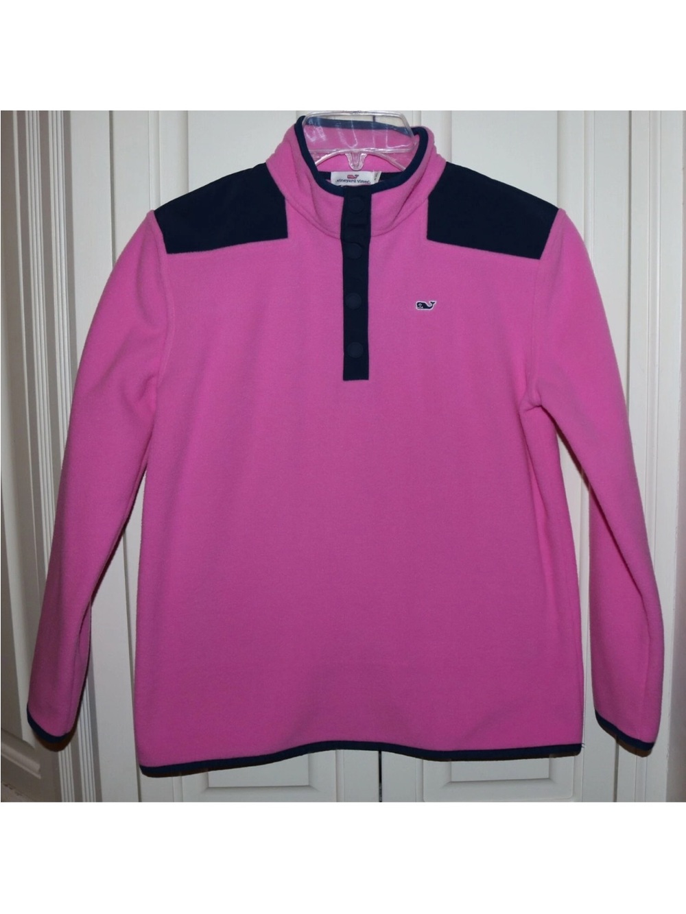 Vineyard Vines kids Hot Pink Fleece Zip-Style Pullover with Navy Trim